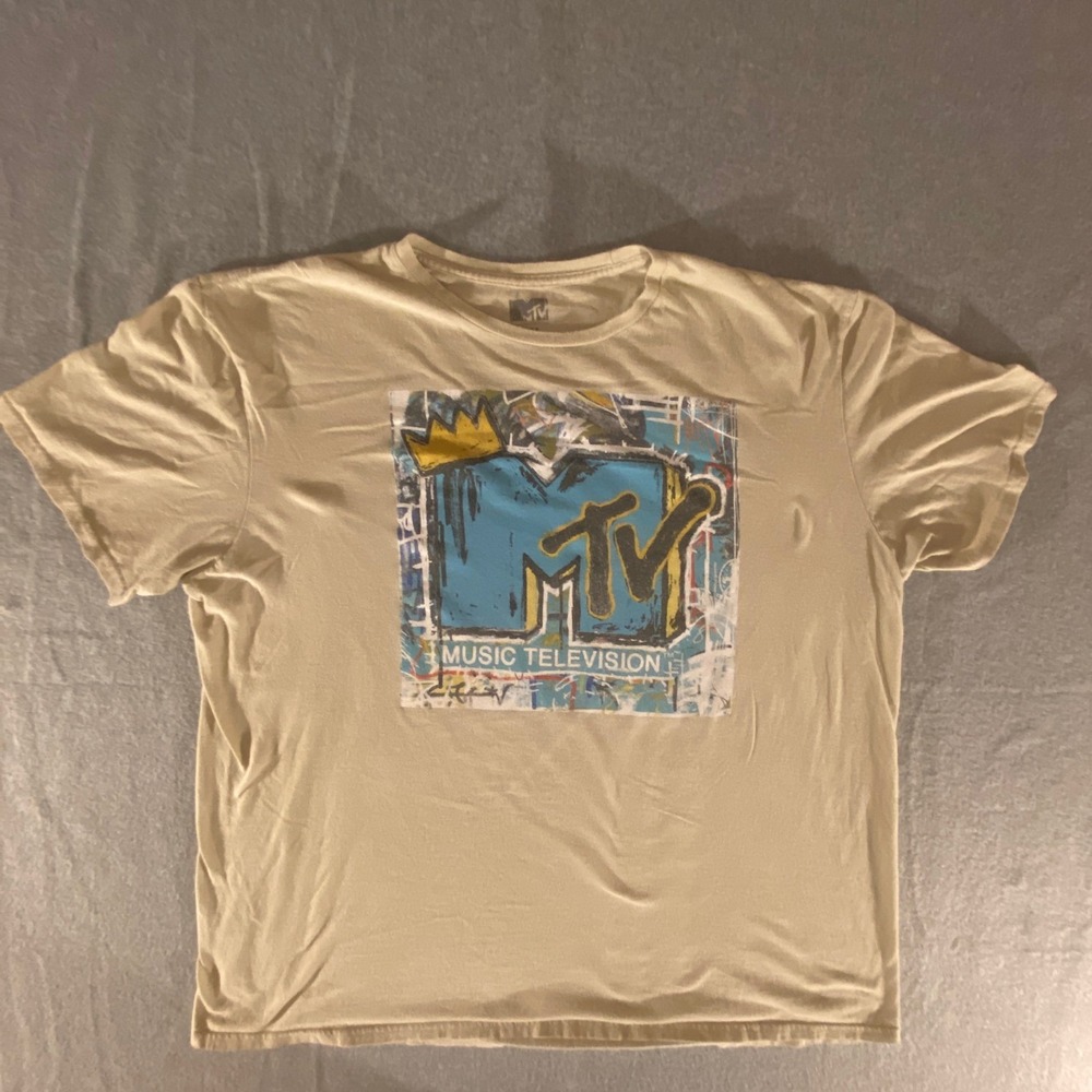 MTV Music Television Graffiti Logo Graphic T-Shirt Tan Mens 2XL Short Sleeve